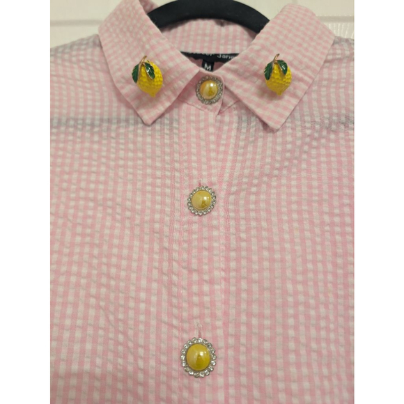 Sister Jane Amalfi Gingham Midi Dress Lemon Pink Seersucker Picnic Easter Tea M - Picture 7 of 12